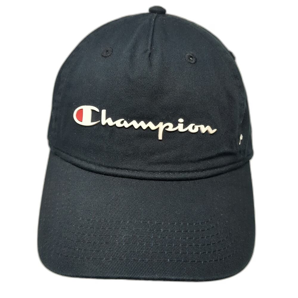 Champion 5 Panel Black Hat One Size Slideback Cotton Script Logo C Logo Adjust